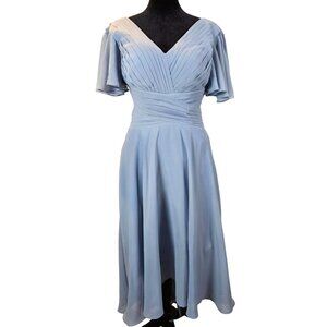 Lavetir Womens Dusty Blue Pleated V-Neck Chiffon Midi Dress Size 4 Lace-Up Back